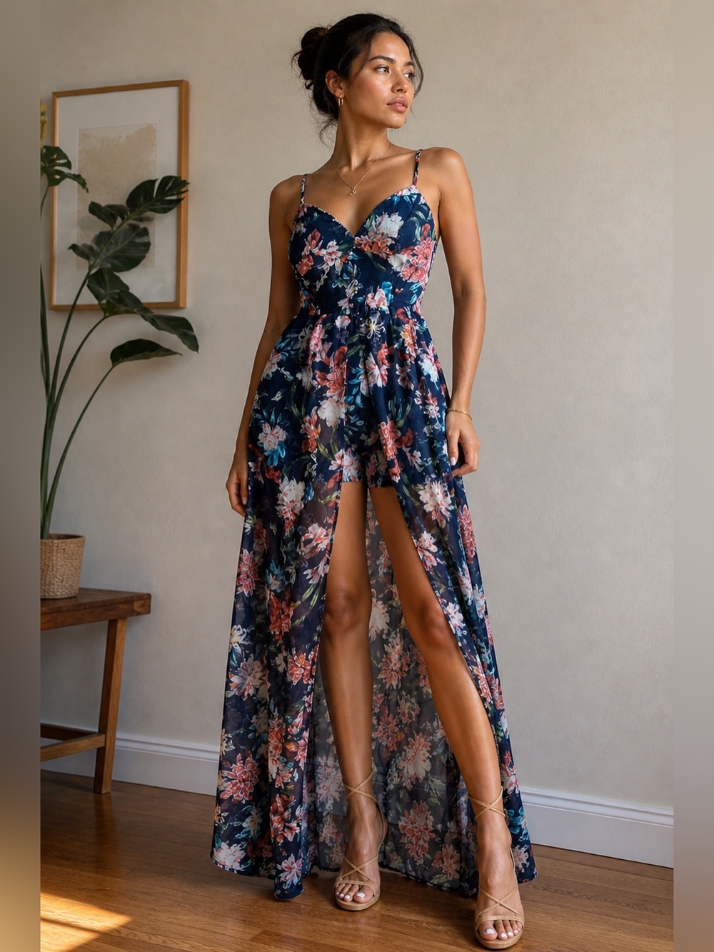 Floral Skort Jumpsuit Navy Strapless Romper Dress Overlay Summer Vacation Size S